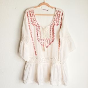 Amita Naithani Boho Tasseled Peasant Drop Waist Embroidery Lace White Medium
